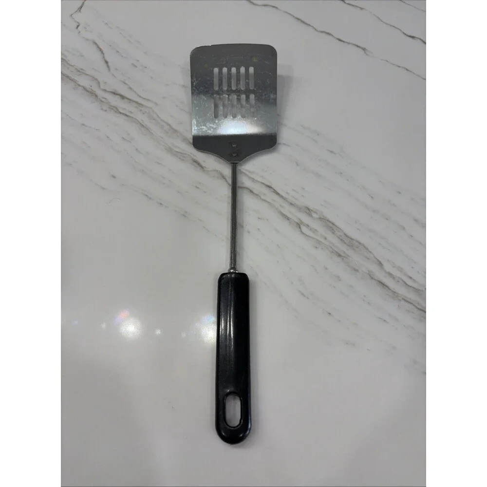 Vintage Stainless Steel Slotted Spatula Turner with Black Handle Flipper